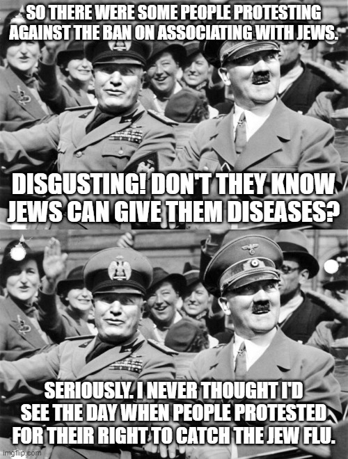 SO THERE WERE SOME PEOPLE PROTESTING AGAINST THE BAN ON ASSOCIATING WITH JEWS. DISGUSTING! DON'T THEY KNOW JEWS CAN GIVE THEM DISEASES? SERIOUSLY. I NEVER THOUGHT I'D SEE THE DAY WHEN PEOPLE PROTESTED FOR THEIR RIGHT TO CATCH THE JEW FLU. | image tagged in mussolini and hitler | made w/ Imgflip meme maker