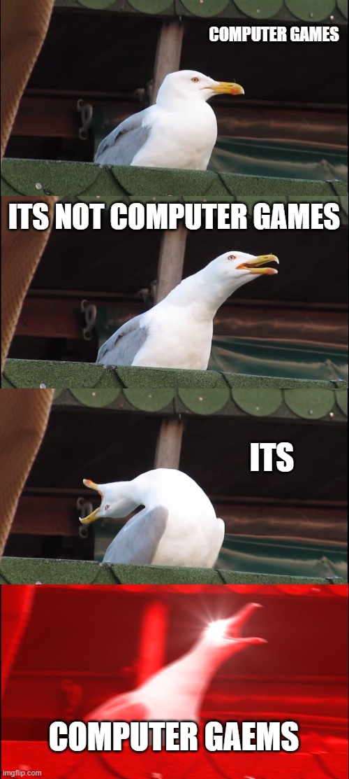Inhaling Seagull | COMPUTER GAMES; ITS NOT COMPUTER GAMES; ITS; COMPUTER GAEMS | image tagged in memes,inhaling seagull | made w/ Imgflip meme maker