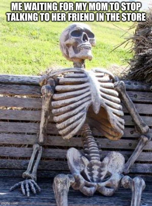 Waiting Skeleton Meme | ME WAITING FOR MY MOM TO STOP TALKING TO HER FRIEND IN THE STORE | image tagged in memes,waiting skeleton | made w/ Imgflip meme maker