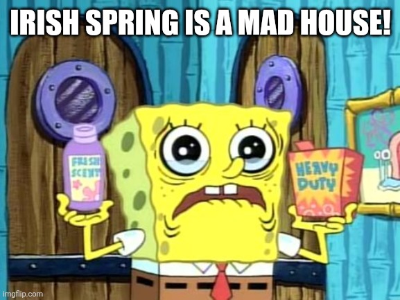 Spongebob Soap? | IRISH SPRING IS A MAD HOUSE! | image tagged in spongebob soap | made w/ Imgflip meme maker