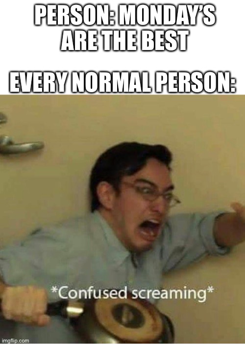 confused screaming | PERSON: MONDAY’S ARE THE BEST EVERY NORMAL PERSON: | image tagged in confused screaming | made w/ Imgflip meme maker