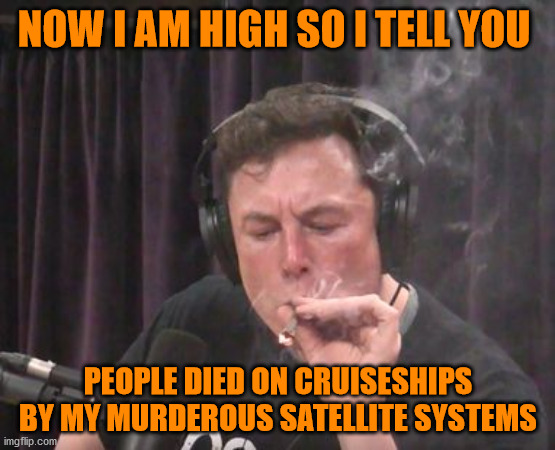 Elon Musk smoking weed | NOW I AM HIGH SO I TELL YOU; PEOPLE DIED ON CRUISESHIPS BY MY MURDEROUS SATELLITE SYSTEMS | image tagged in elon musk smoking weed | made w/ Imgflip meme maker
