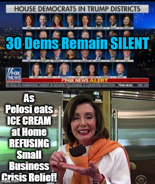 Small business money ran out  last Thursday morning! | 30 Dems Remain SILENT; As Pelosi eats ICE CREAM at Home REFUSING Small Business Crisis Relief! | image tagged in politics,political meme,nancy pelosi,democrats,liberal hypocrisy,stupid liberals | made w/ Imgflip meme maker