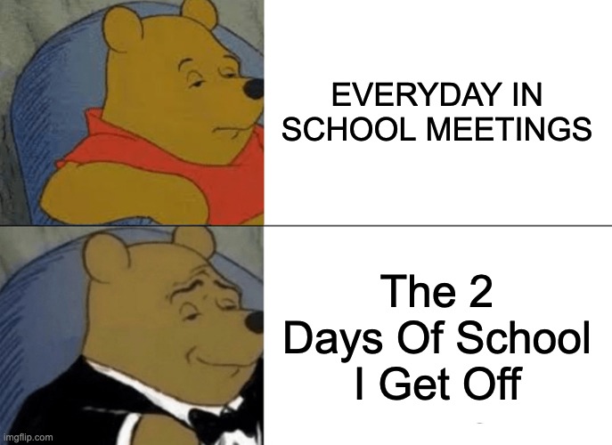 Tuxedo Winnie The Pooh Meme | EVERYDAY IN SCHOOL MEETINGS; The 2 Days Of School I Get Off | image tagged in memes,tuxedo winnie the pooh | made w/ Imgflip meme maker