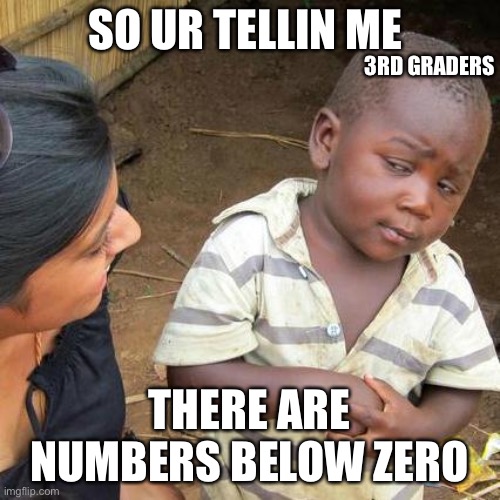 Third World Skeptical Kid | SO UR TELLIN ME; 3RD GRADERS; THERE ARE NUMBERS BELOW ZERO | image tagged in memes,third world skeptical kid | made w/ Imgflip meme maker