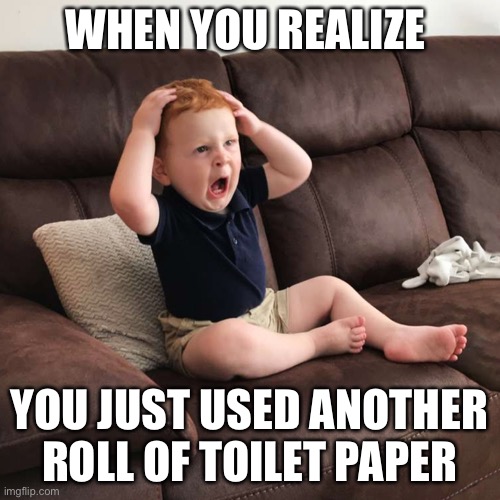 Terrified Toddler | WHEN YOU REALIZE; YOU JUST USED ANOTHER ROLL OF TOILET PAPER | image tagged in terrified toddler,corona virus,toilet paper | made w/ Imgflip meme maker