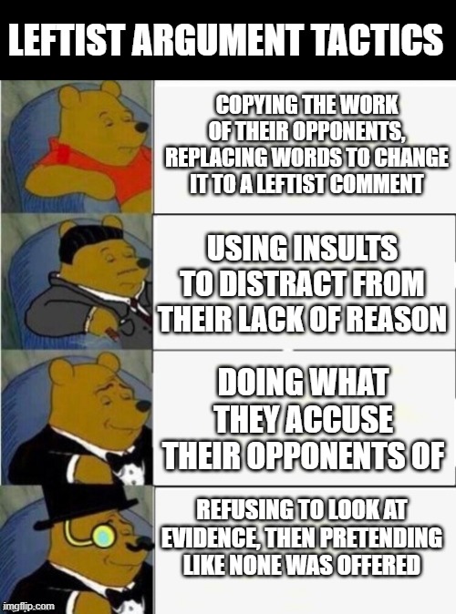 Tuxedo Winnie the Pooh 4 panel | COPYING THE WORK OF THEIR OPPONENTS, REPLACING WORDS TO CHANGE IT TO A LEFTIST COMMENT USING INSULTS TO DISTRACT FROM THEIR LACK OF REASON D | image tagged in tuxedo winnie the pooh 4 panel | made w/ Imgflip meme maker