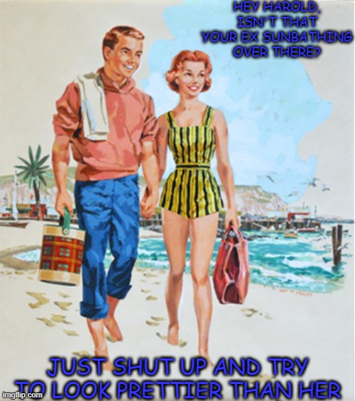 HEY HAROLD, ISN'T THAT YOUR EX SUNBATHING OVER THERE? JUST SHUT UP AND TRY TO LOOK PRETTIER THAN HER | image tagged in 1950's,beach,jealous ex | made w/ Imgflip meme maker
