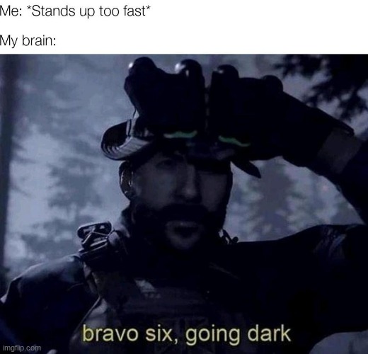 You guys know that feeling when you stand up too fast then everything goes black? | image tagged in call of duty,bravo six going dark,funny | made w/ Imgflip meme maker