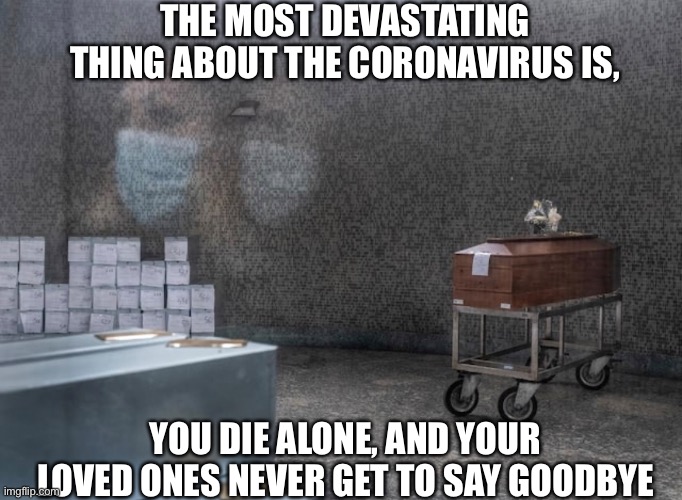 Coronavirus | THE MOST DEVASTATING THING ABOUT THE CORONAVIRUS IS, YOU DIE ALONE, AND YOUR  LOVED ONES NEVER GET TO SAY GOODBYE | image tagged in coronavirus,coronavirus meme,quarantine,social distancing,stay home,trump meme | made w/ Imgflip meme maker