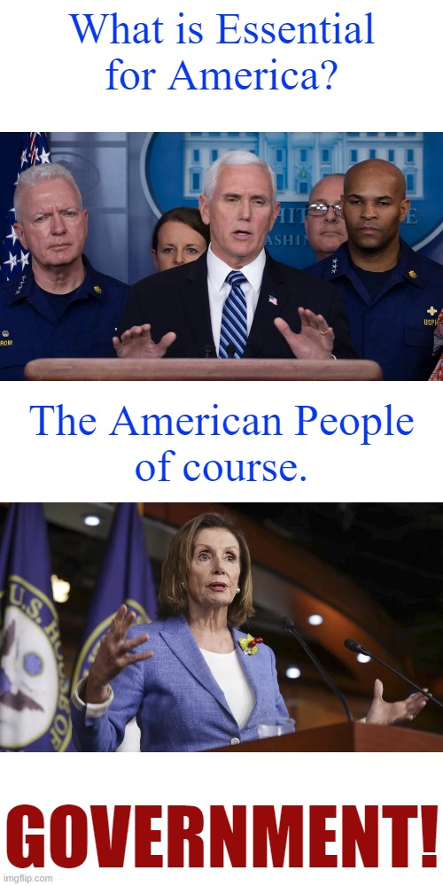 PERSPECTIVE | What is Essential
for America? The American People
of course. GOVERNMENT! | image tagged in pence,pelosi | made w/ Imgflip meme maker
