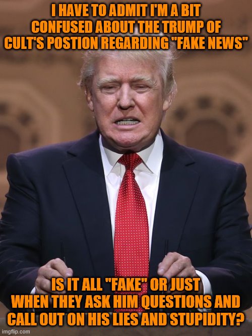 Donald Trump | I HAVE TO ADMIT I'M A BIT CONFUSED ABOUT THE TRUMP OF CULT'S POSTION REGARDING "FAKE NEWS"; IS IT ALL "FAKE" OR JUST WHEN THEY ASK HIM QUESTIONS AND CALL OUT ON HIS LIES AND STUPIDITY? | image tagged in donald trump | made w/ Imgflip meme maker