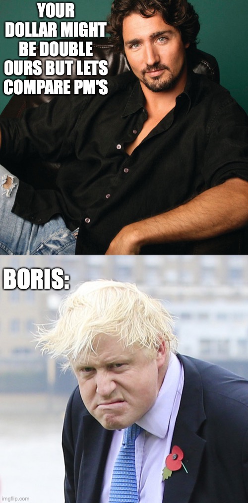 YOUR DOLLAR MIGHT BE DOUBLE OURS BUT LETS COMPARE PM'S; BORIS: | image tagged in justin trudeau | made w/ Imgflip meme maker