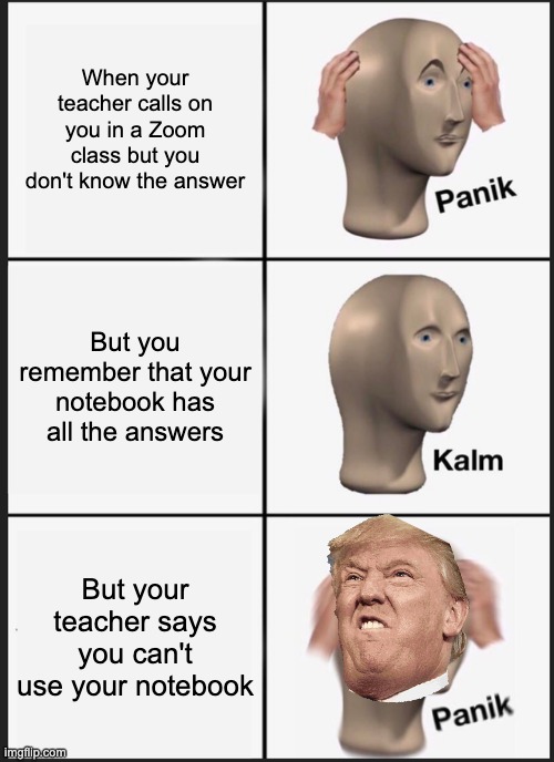 PANIK | When your teacher calls on you in a Zoom class but you don't know the answer; But you remember that your notebook has all the answers; But your teacher says you can't use your notebook | image tagged in memes,panik kalm panik | made w/ Imgflip meme maker