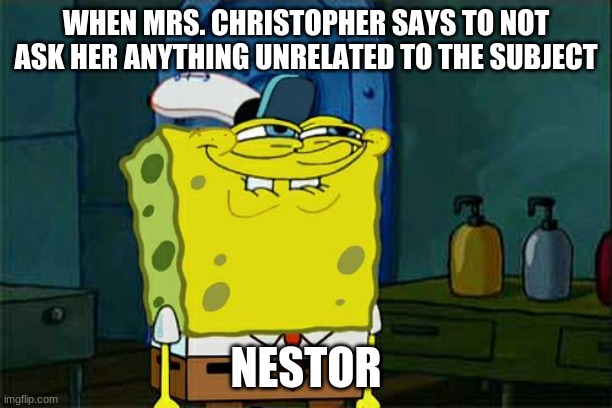 Don't You Squidward | WHEN MRS. CHRISTOPHER SAYS TO NOT ASK HER ANYTHING UNRELATED TO THE SUBJECT; NESTOR | image tagged in memes,don't you squidward | made w/ Imgflip meme maker