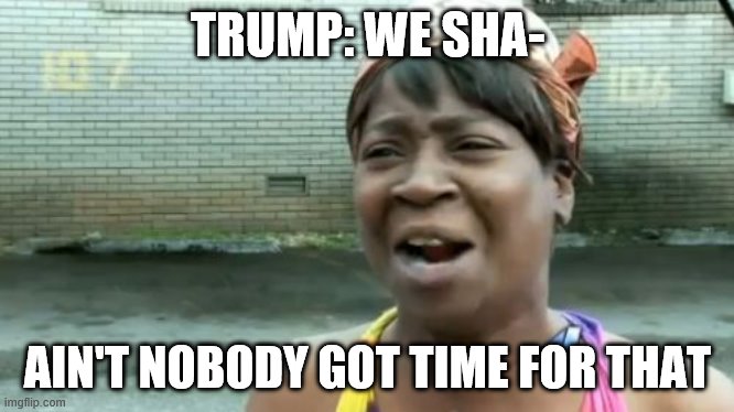 Ain't Nobody Got Time For That | TRUMP: WE SHA-; AIN'T NOBODY GOT TIME FOR THAT | image tagged in memes,ain't nobody got time for that | made w/ Imgflip meme maker