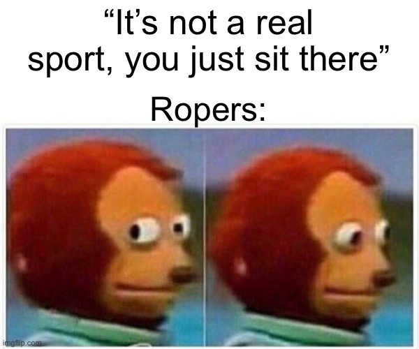 Monkey Puppet | “It’s not a real sport, you just sit there”; Ropers: | image tagged in memes,monkey puppet | made w/ Imgflip meme maker