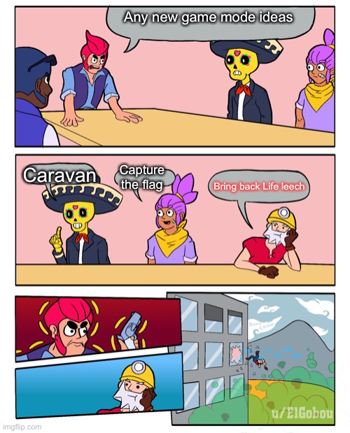 Brawl Stars Boardroom Meeting Suggestion | Any new game mode ideas; Caravan; Capture the flag; Bring back Life leech | image tagged in brawl stars boardroom meeting suggestion | made w/ Imgflip meme maker