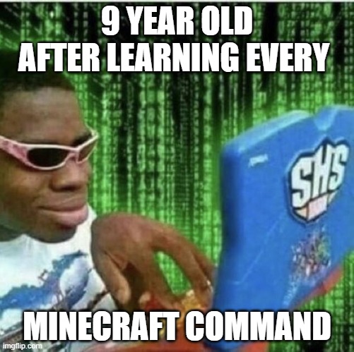 Minecraft 9 | 9 YEAR OLD AFTER LEARNING EVERY; MINECRAFT COMMAND | image tagged in ryan beckford | made w/ Imgflip meme maker