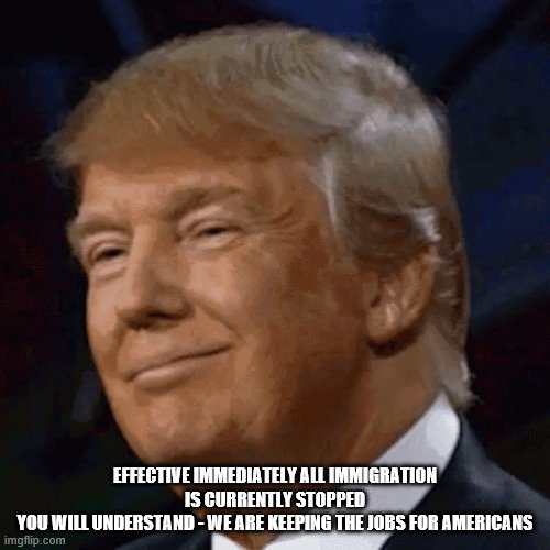 Trump | EFFECTIVE IMMEDIATELY ALL IMMIGRATION IS CURRENTLY STOPPED
YOU WILL UNDERSTAND - WE ARE KEEPING THE JOBS FOR AMERICANS | image tagged in trump | made w/ Imgflip meme maker