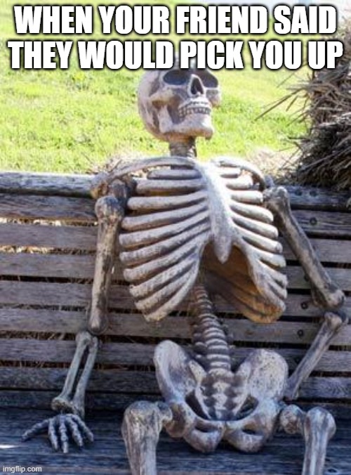 Waiting Skeleton | WHEN YOUR FRIEND SAID THEY WOULD PICK YOU UP | image tagged in memes,waiting skeleton | made w/ Imgflip meme maker