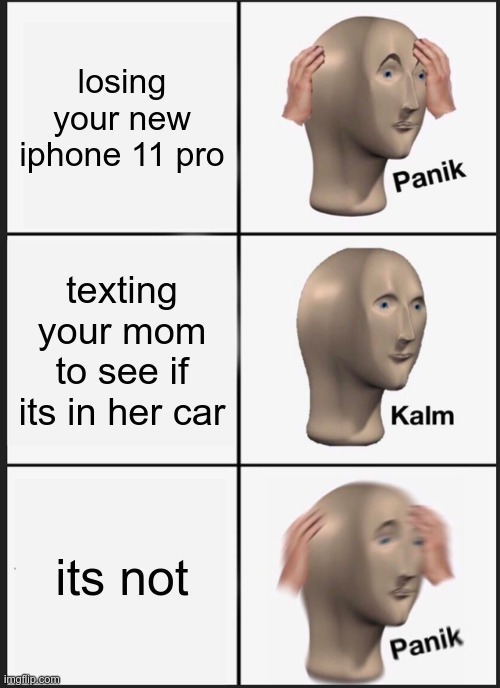 Panik Kalm Panik | losing your new iphone 11 pro; texting your mom to see if its in her car; its not | image tagged in memes,panik kalm panik | made w/ Imgflip meme maker