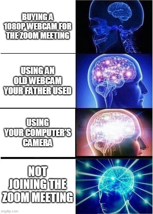 Zoom meetings | BUYING A 1080P WEBCAM FOR THE ZOOM MEETING; USING AN OLD WEBCAM YOUR FATHER USED; USING YOUR COMPUTER'S CAMERA; NOT JOINING THE ZOOM MEETING | image tagged in memes,expanding brain | made w/ Imgflip meme maker