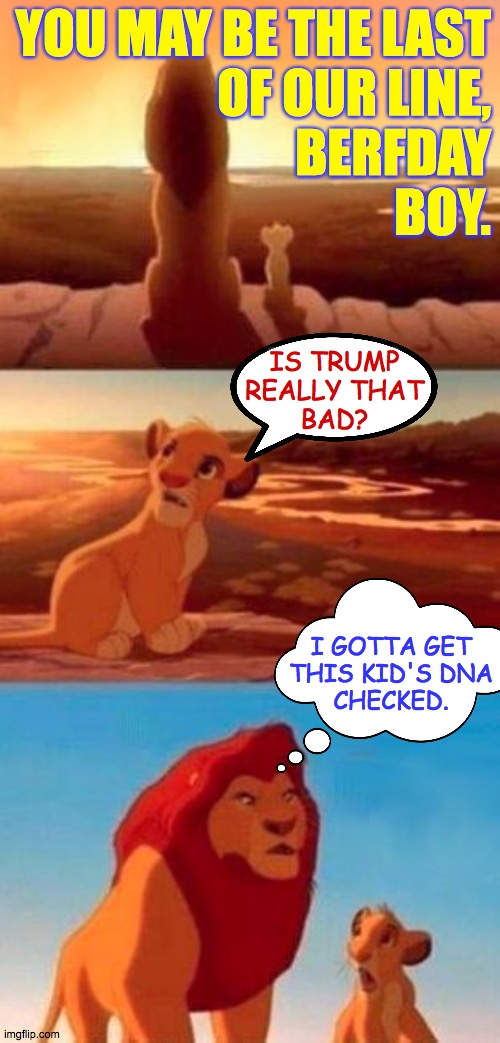 simba | YOU MAY BE THE LAST
OF OUR LINE,
BERFDAY
BOY. IS TRUMP
REALLY THAT
BAD? I GOTTA GET
THIS KID'S DNA
CHECKED. | image tagged in simba | made w/ Imgflip meme maker