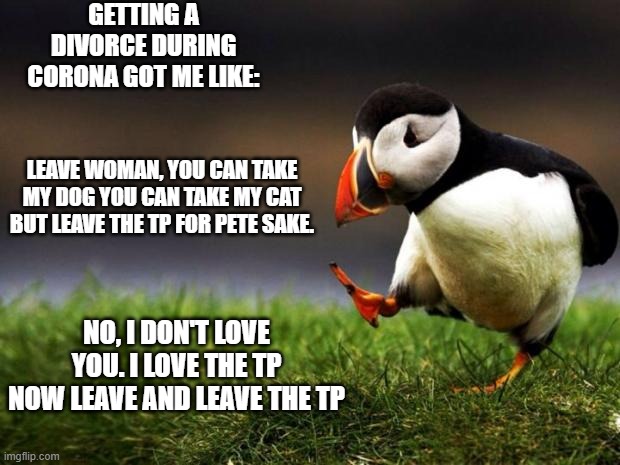 Unpopular Opinion Puffin | GETTING A DIVORCE DURING CORONA GOT ME LIKE:; LEAVE WOMAN, YOU CAN TAKE MY DOG YOU CAN TAKE MY CAT BUT LEAVE THE TP FOR PETE SAKE. NO, I DON'T LOVE YOU. I LOVE THE TP NOW LEAVE AND LEAVE THE TP | image tagged in memes,unpopular opinion puffin | made w/ Imgflip meme maker