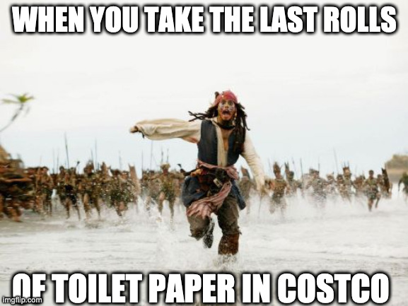 Jack Sparrow Being Chased Meme | WHEN YOU TAKE THE LAST ROLLS; OF TOILET PAPER IN COSTCO | image tagged in memes,jack sparrow being chased | made w/ Imgflip meme maker