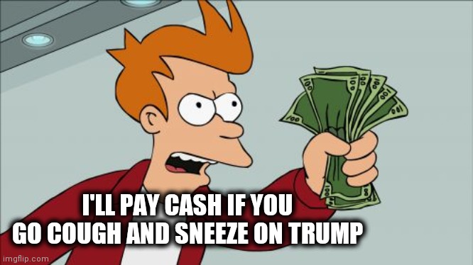 Shut Up And Take My Money Fry Meme | I'LL PAY CASH IF YOU GO COUGH AND SNEEZE ON TRUMP | image tagged in memes,shut up and take my money fry,donald trump | made w/ Imgflip meme maker