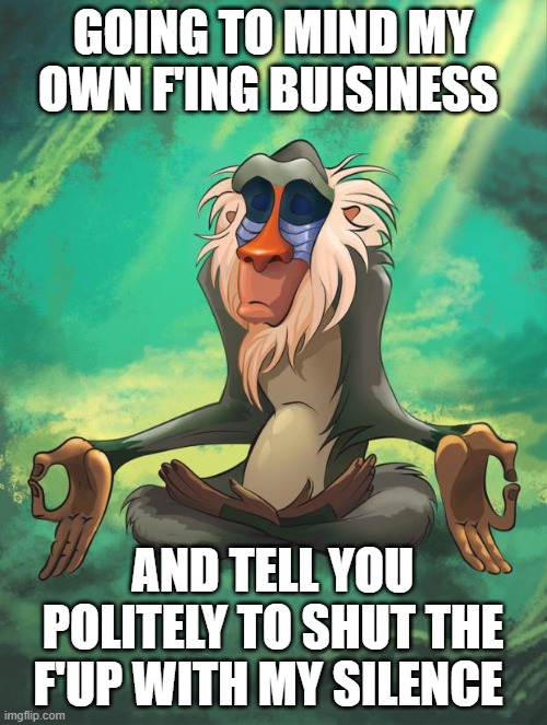 Rafiki wisdom | GOING TO MIND MY OWN F'ING BUISINESS; AND TELL YOU POLITELY TO SHUT THE F'UP WITH MY SILENCE | image tagged in rafiki wisdom | made w/ Imgflip meme maker