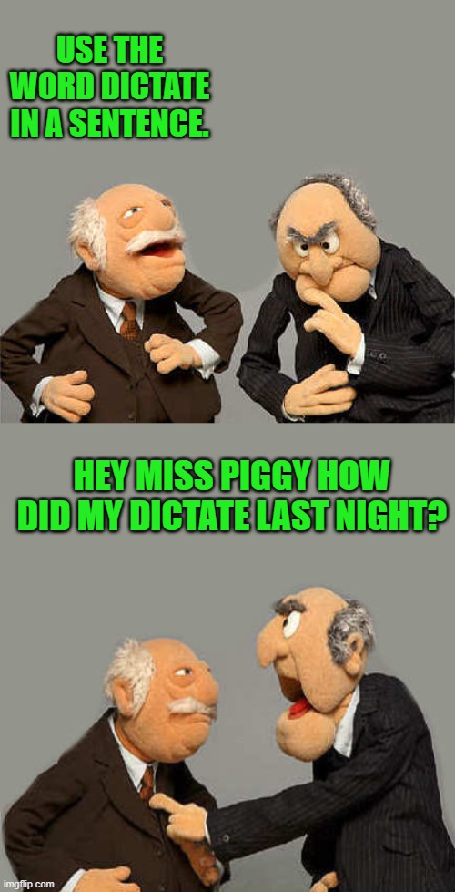 USE THE WORD DICTATE IN A SENTENCE. HEY MISS PIGGY HOW DID MY DICTATE LAST NIGHT? | made w/ Imgflip meme maker