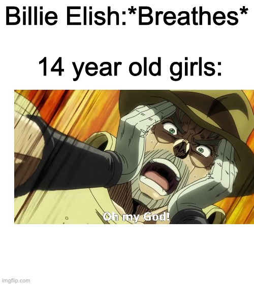 Blank White Template | Billie Elish:*Breathes*; 14 year old girls: | image tagged in blank white template | made w/ Imgflip meme maker