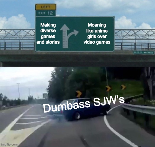 Left Exit 12 Off Ramp | Making diverse games and stories; Moaning like anime girls over video games; Dumbass SJW's | image tagged in memes,left exit 12 off ramp | made w/ Imgflip meme maker
