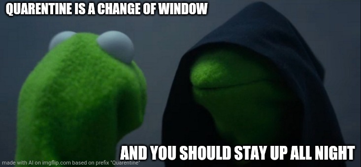 Evil Kermit Meme | QUARENTINE IS A CHANGE OF WINDOW; AND YOU SHOULD STAY UP ALL NIGHT | image tagged in memes,evil kermit | made w/ Imgflip meme maker