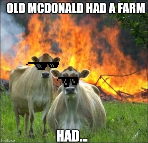 Evil Cows Meme | OLD MCDONALD HAD A FARM; HAD... | image tagged in memes,evil cows | made w/ Imgflip meme maker