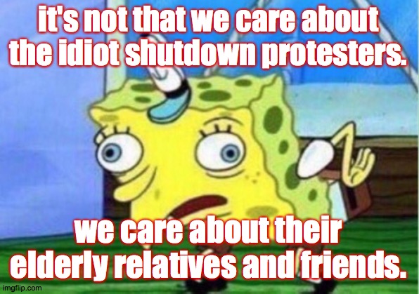 Mocking Spongebob Meme | it's not that we care about the idiot shutdown protesters. we care about their elderly relatives and friends. | image tagged in memes,mocking spongebob | made w/ Imgflip meme maker