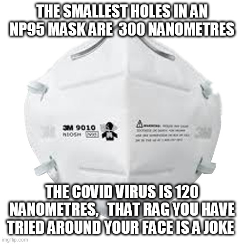 N95 Mask | THE SMALLEST HOLES IN AN NP95 MASK ARE  300 NANOMETRES; THE COVID VIRUS IS 120 NANOMETRES,   THAT RAG YOU HAVE TRIED AROUND YOUR FACE IS A JOKE | image tagged in n95 mask | made w/ Imgflip meme maker