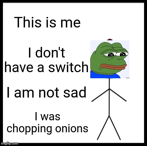 Be Like Bill Meme | This is me; I don't have a switch; I am not sad; I was chopping onions | image tagged in memes,be like bill | made w/ Imgflip meme maker