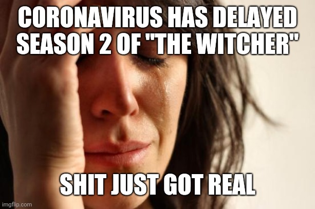 For my wife | CORONAVIRUS HAS DELAYED SEASON 2 OF "THE WITCHER"; SHIT JUST GOT REAL | image tagged in memes,first world problems | made w/ Imgflip meme maker