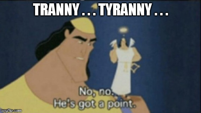 no no hes got a point | TRANNY . . . TYRANNY . . . | image tagged in no no hes got a point | made w/ Imgflip meme maker