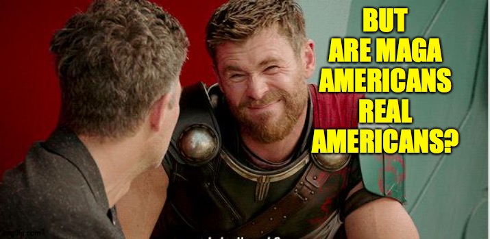 Thor is he though | BUT ARE MAGA AMERICANS REAL AMERICANS? | image tagged in thor is he though | made w/ Imgflip meme maker
