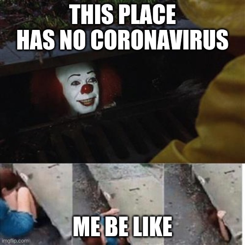pennywise in sewer | THIS PLACE HAS NO CORONAVIRUS; ME BE LIKE | image tagged in pennywise in sewer | made w/ Imgflip meme maker