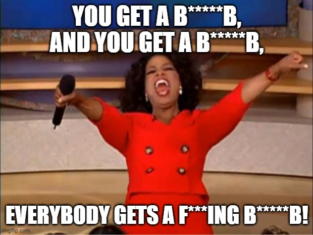 Oprah You Get A Meme | YOU GET A B*****B, AND YOU GET A B*****B, EVERYBODY GETS A F***ING B*****B! | image tagged in memes,oprah you get a | made w/ Imgflip meme maker