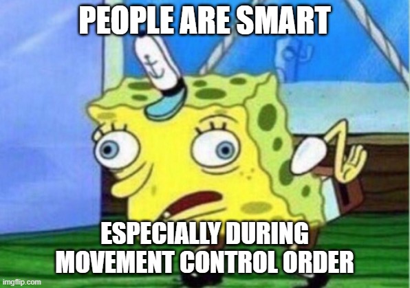 Mocking Spongebob | PEOPLE ARE SMART; ESPECIALLY DURING
MOVEMENT CONTROL ORDER | image tagged in memes,mocking spongebob | made w/ Imgflip meme maker