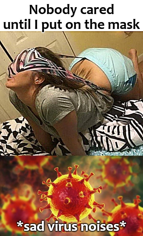 Nobody cared until I put on the mask; *sad virus noises* | image tagged in tag | made w/ Imgflip meme maker