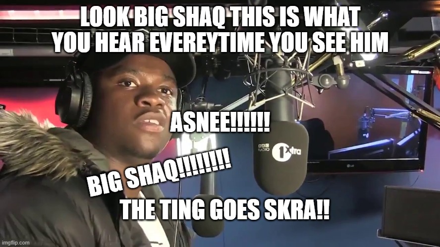 Big Shaq | LOOK BIG SHAQ THIS IS WHAT YOU HEAR EVEREYTIME YOU SEE HIM; ASNEE!!!!!! BIG SHAQ!!!!!!!! THE TING GOES SKRA!! | image tagged in big shaq | made w/ Imgflip meme maker