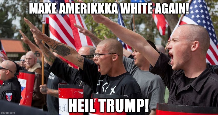 Neo Nazis | MAKE AMERIKKKA WHITE AGAIN! HEIL TRUMP! | image tagged in neo nazis | made w/ Imgflip meme maker