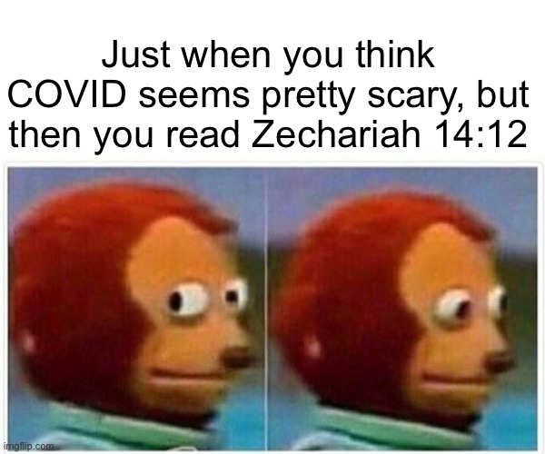 Only the beginning of sorrows | Just when you think COVID seems pretty scary, but then you read Zechariah 14:12 | image tagged in memes,monkey puppet,covid,coronavirus | made w/ Imgflip meme maker